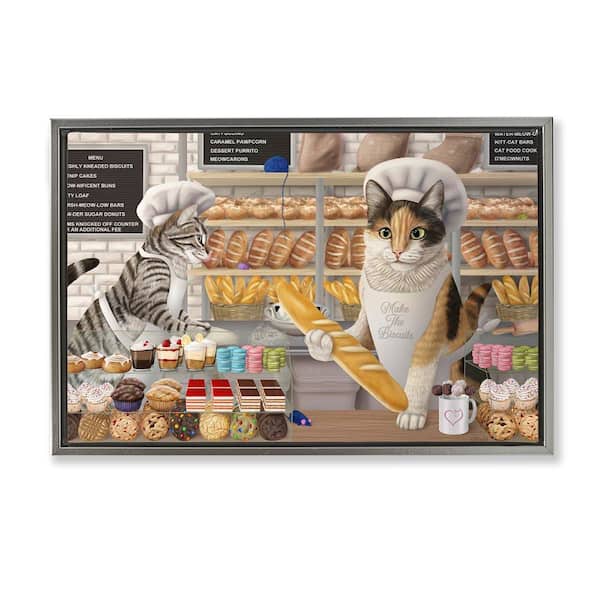 Stupell Industries Meow Bakery Funny Cats by Mehu Art Gray Floater Frame Food Graphic Art Print 17 in. x 25 in.