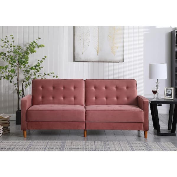 Westsky 78 in. W Classic Mid-Century Design Square Arms Velvet Upholstered Sofa Bed 2-Seaters Back for Straight Sofa in Pink