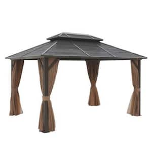 10 ft. x 13 ft. Outdoor Brown Aluminium Hardtop Gazebos with Coated Aluminium Double Roof with Netting and Curtain