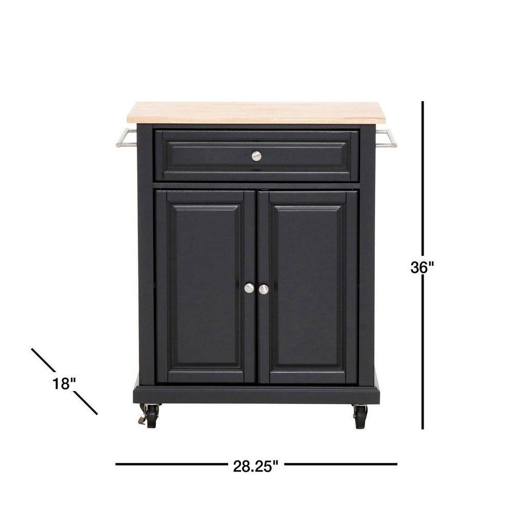 Black Wood Kitchen Cart with Natural Top and Storage