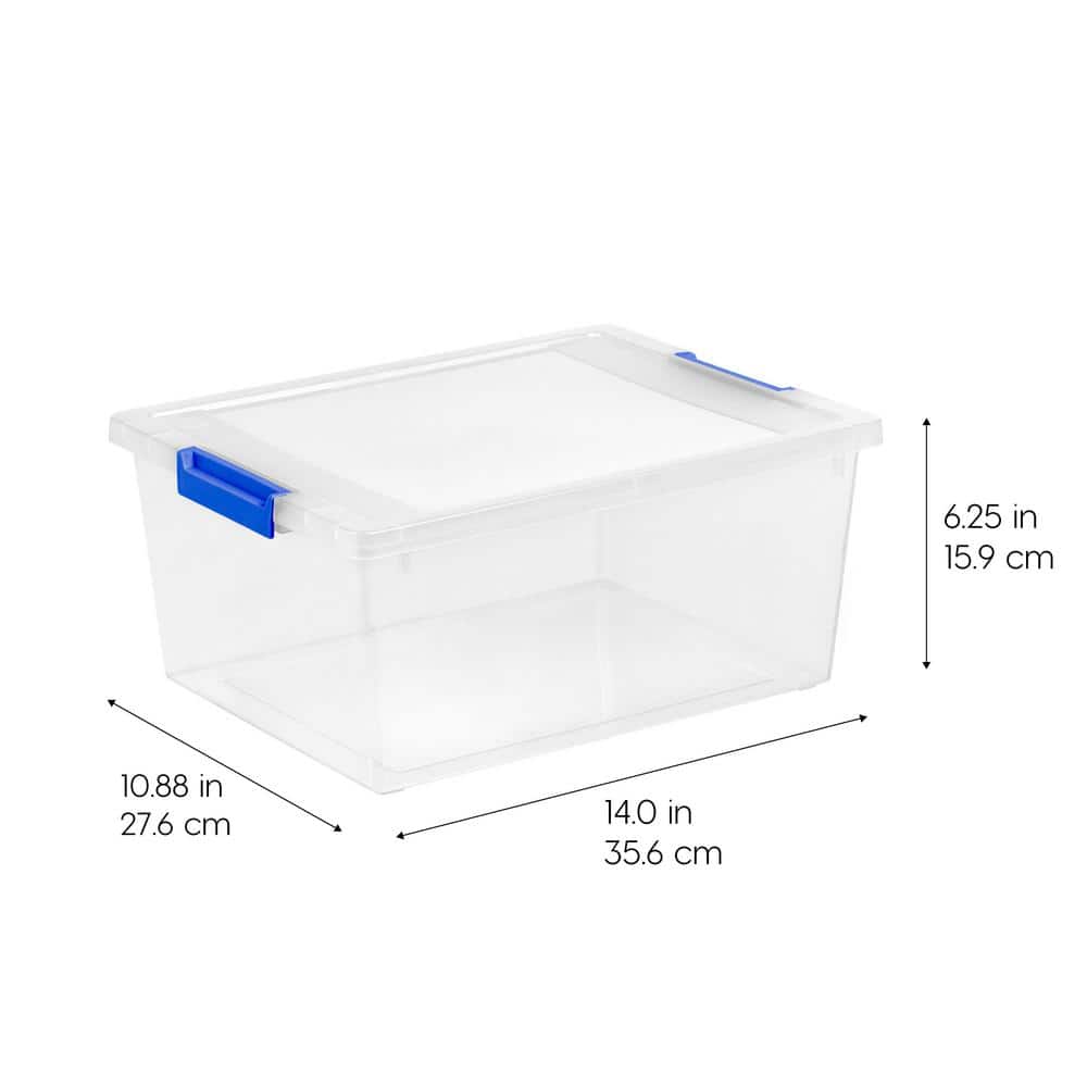 Clear Stackable Plastic Storage Boxes with Blue Latches, 12 Qt, Set of 4