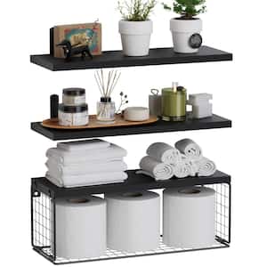 16.5 in. W x 6 in. D Black Wood Floating Bathroom Shelves Wall Mounted with Wire Basket Decorative Wall Shelf