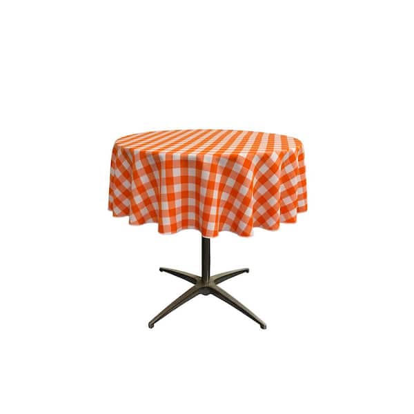 LA Linen "58 in. White and Orange Polyester Gingham Checkered Round Tablecloth"
