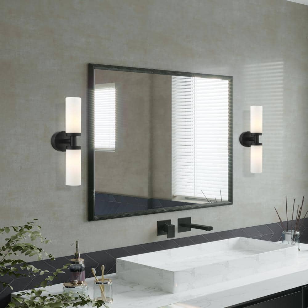 Black Steel 2-Light Vanity with Satin Opal Glass