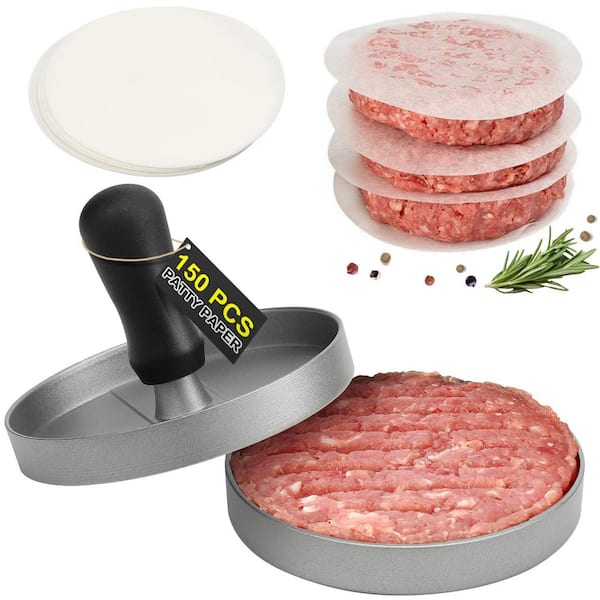 Aluminum Burger Press with Non-Stick and 150 Patty Wax Paper for Outdoor, Kitchen, BBQ Grill (1-Pack)