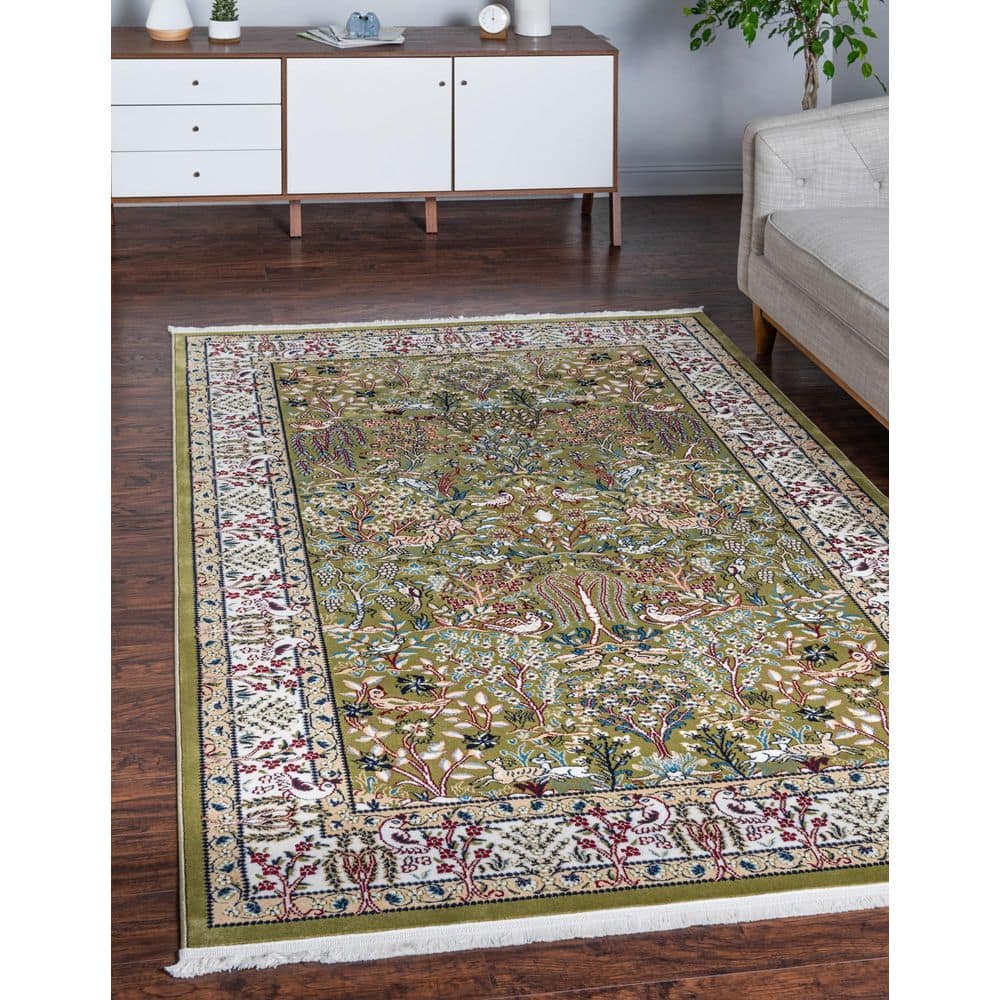 Green Rectangular Persian-Style Stain-Resistant Area Rug