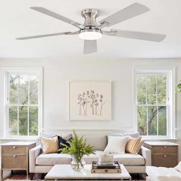 52 in. indoor Dimmable Brushed Nickel 6-Speed Flush Mount Ceiling Fan with Adjustable LED and Remote Control