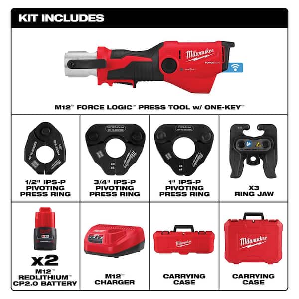 M12 12-Volt Lithium-Ion FORCE LOGIC Press Tool with ONE-KEY and 1/2 in. - 1 in. ISP-P Pivoting Press Ring Kit