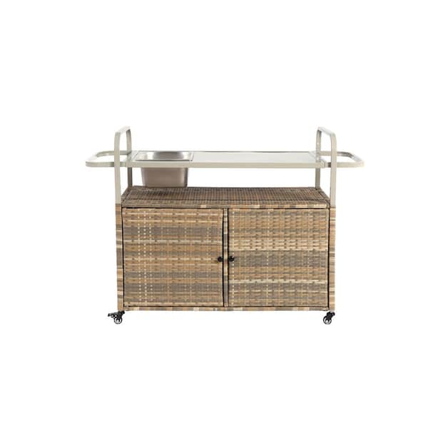 Hot Seller Wicker Outdoor Bar, Serving Cart with Cabinet, Steel Top, Ice Bucket, Lockable Wheels and Side Basket