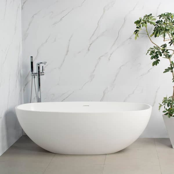 65 in. x 29.5 in. Artificial Stone Soaking Bathtub in Matte White Solid Surface with Overflow and Pop-up Drain