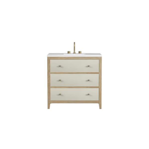 James Martin Vanities Celeste 36.0 in. W x 23.5 in. D x 36 in. H Single Bathroom Vanity Sunwashed Oak and Arctic Fall Solid Surface Top