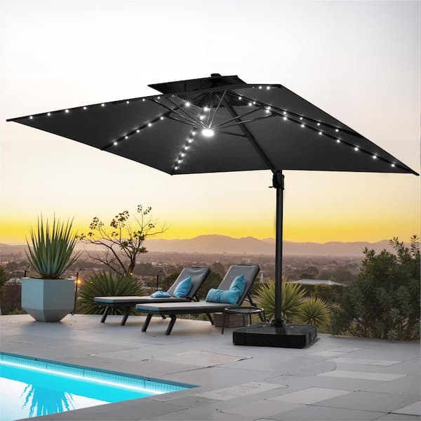 best cantilever patio sun umbrellas with led lights Pellebant 13.5 ft. x 10 ft. Double Top 360° Rotation Solar LED Lighted  Cantilever Patio Umbrella in Black with 350 lbs. Base PB-B24WU86BLK