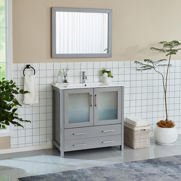 Brescia 36 in. W x 18 in. D x 36 in. H Bathroom Vanity in Grey with Single Basin Vanity Top in White Ceramic and Mirror