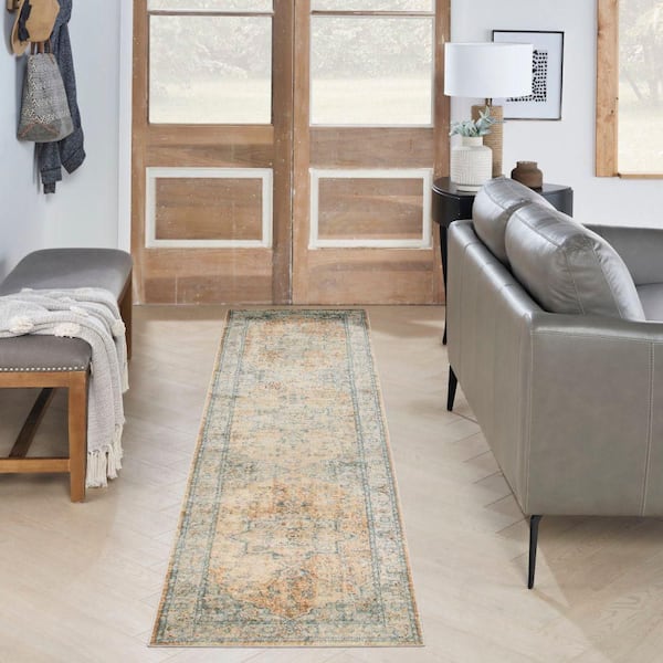 Astra Machine Washable Beige Blue 2 ft. x 10 ft. Center medallion Traditional Runner Area Rug