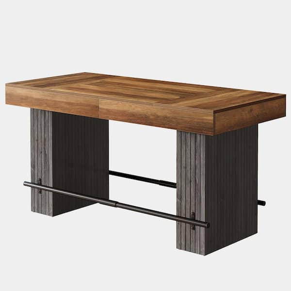 Halseey Brown Black 63 in Wood Rectangular Pedestal Dinner Kitchen Dining Table Seats 4 Heavy Duty Farmhouse Footrest