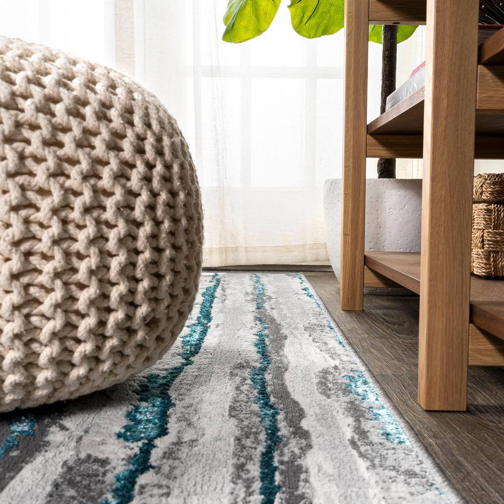Gray and Turquoise 8' x 10' Synthetic Stripe Area Rug