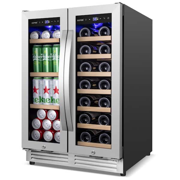 24 in. Dual Zone 20-Bottle and 70-Can Beverage & Wine Cooler Four Door Handles Beer Refrigerator in Silver Blue LEDs