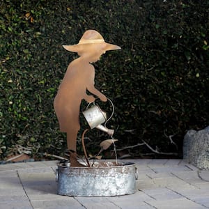 33 in. Tall Rustic Farm Boy Silhouette and Watering Can Fountain Yard Decoration