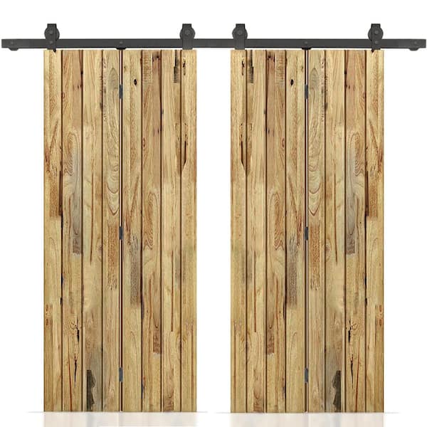 CALHOME 64 in. x 80 in. Weather Oak Stained Hollow Core Pine Wood Double Bi-Fold Door with Sliding Hardware Kit