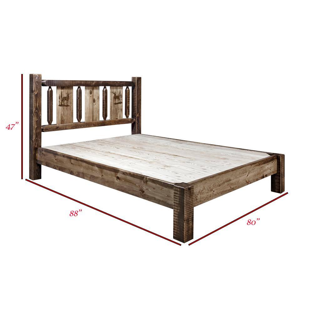 King Brown Pine Wood Upholstered Platform Bed with Headboard