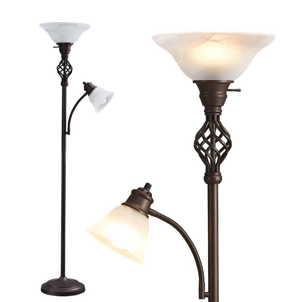 "72"" Red Brown Floor Lamp 2 Bulbs Required-Torchiere Floor Lamp for Living Room with 2 Glass Shade Head" price history on PriceWatchPro