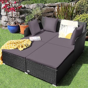 Wicker Outdoor Rattan Patio Day Bed Loveseat Sofa Yard with Gray Cushions Pillows