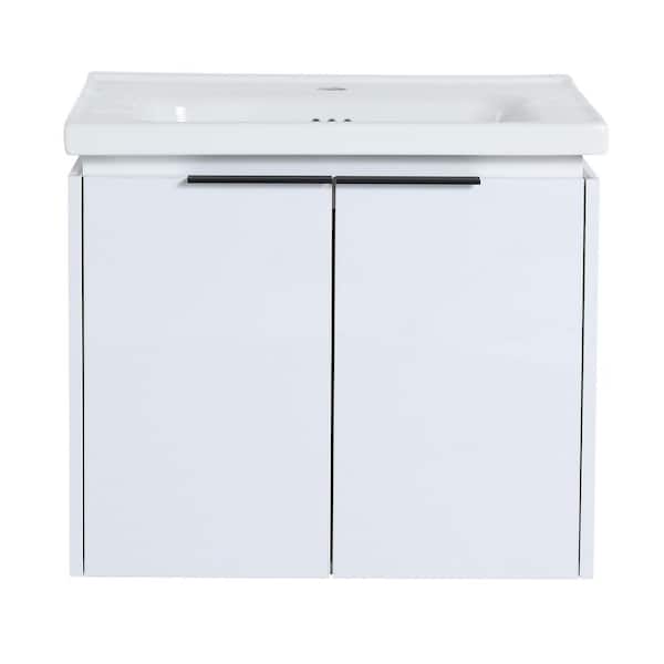 24 in. Wall-Mounted Single White Bath Vanity with White Ceramic Vanity Top Unassembled