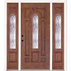 63.5 in.x81.625 in. Medina Zinc Center Arch Lt Stained Medium Oak Right-Hand Fiberglass Prehung Front Door w/Sidelites