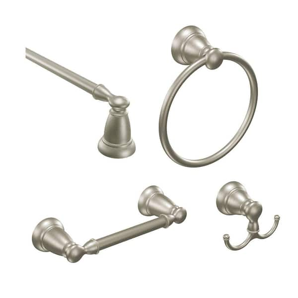 MOEN Banbury 4-Piece Bath Hardware Set with 18 in. Towel Bar, Paper Holder, Towel Ring, and Robe Hook in Brushed Nickel