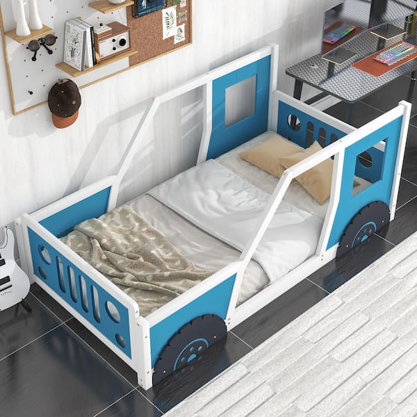 Harper & Bright Designs Blue Twin Wooden Car-Shaped Platform Bed with ...