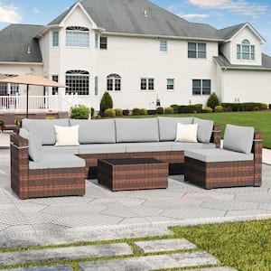 7-Piece Wicker Patio Conversation Sectional Seating Set with Light Gray Cushions