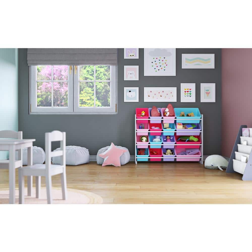 White and Pink Kids Toy Storage Organizer with 16 Bins