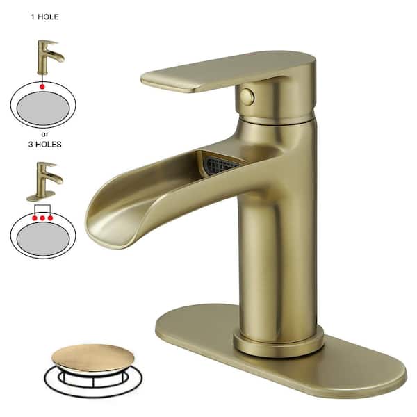 BWE Waterfall Single Handle Single Hole Low-Arc Modern Bathroom Faucet Bathroom Drip-Free Vanity Sink Faucet in Brushed Gold