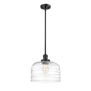 Bell 1 Light Matte Black Bowl Pendant Light with Clear Deco Swirl Glass Shade