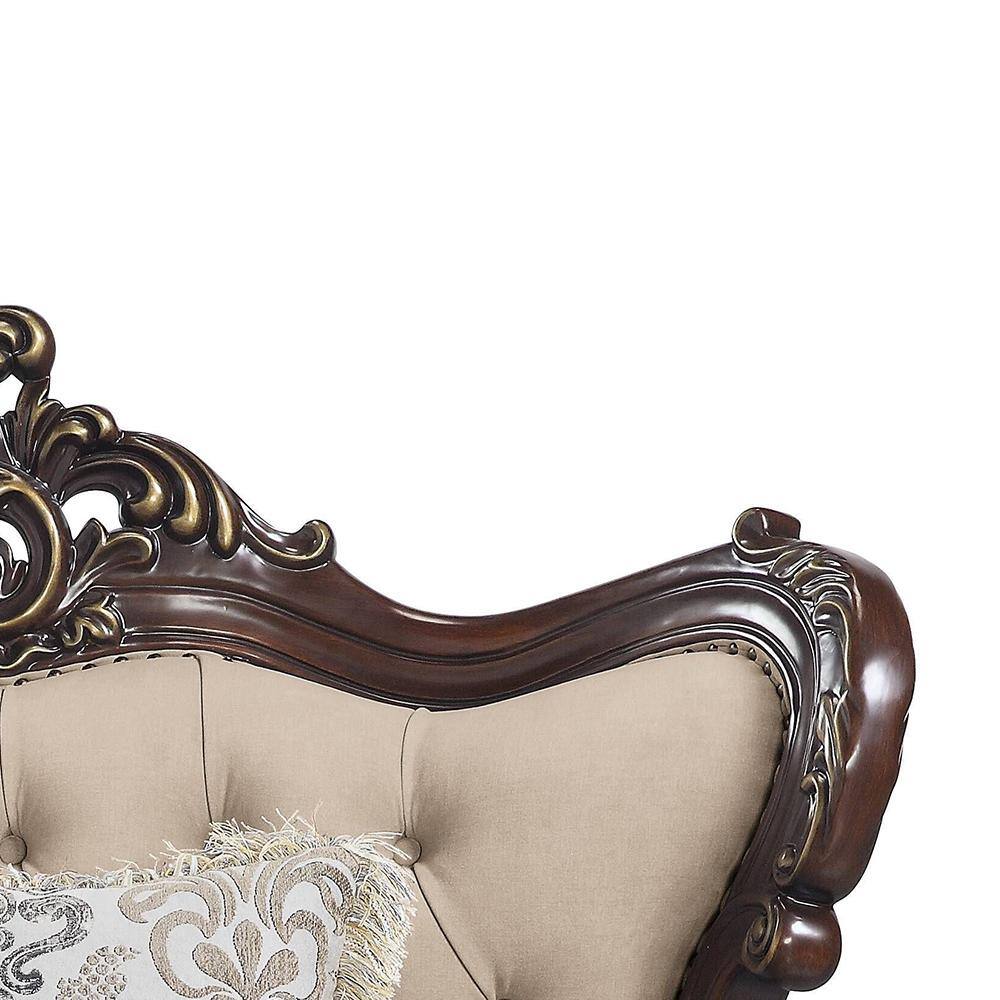 Light Brown Linen and Cherry Wood Floral Accent Chair
