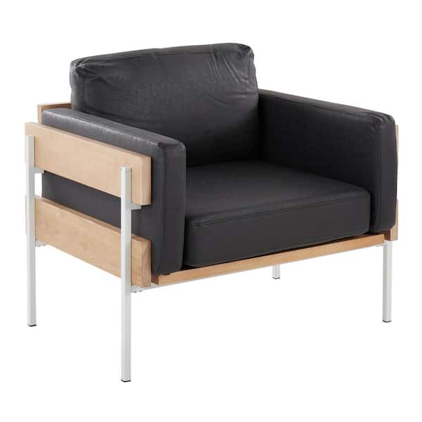 Lumisource Kari Black Faux Leather, Natural Wood and White Metal Arm Chair