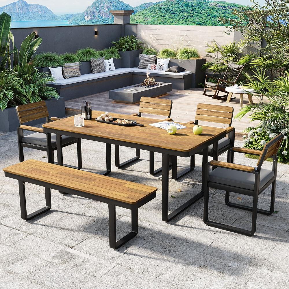 6-Piece Outdoor Dining Set, Acacia Wood, Table 4 Chairs 1 Bench, Gray Cushion price history on PriceWatchPro