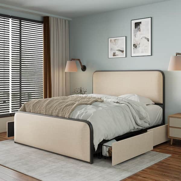 Beige Metal Frame King Size Platform Bed with Curved Upholstered Headboard and Footboard and 4 Drawers