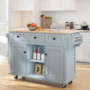 Blue Rolling Rubberwood Countertop 53 in. Kitchen Island Cart with Adjustable Shelves