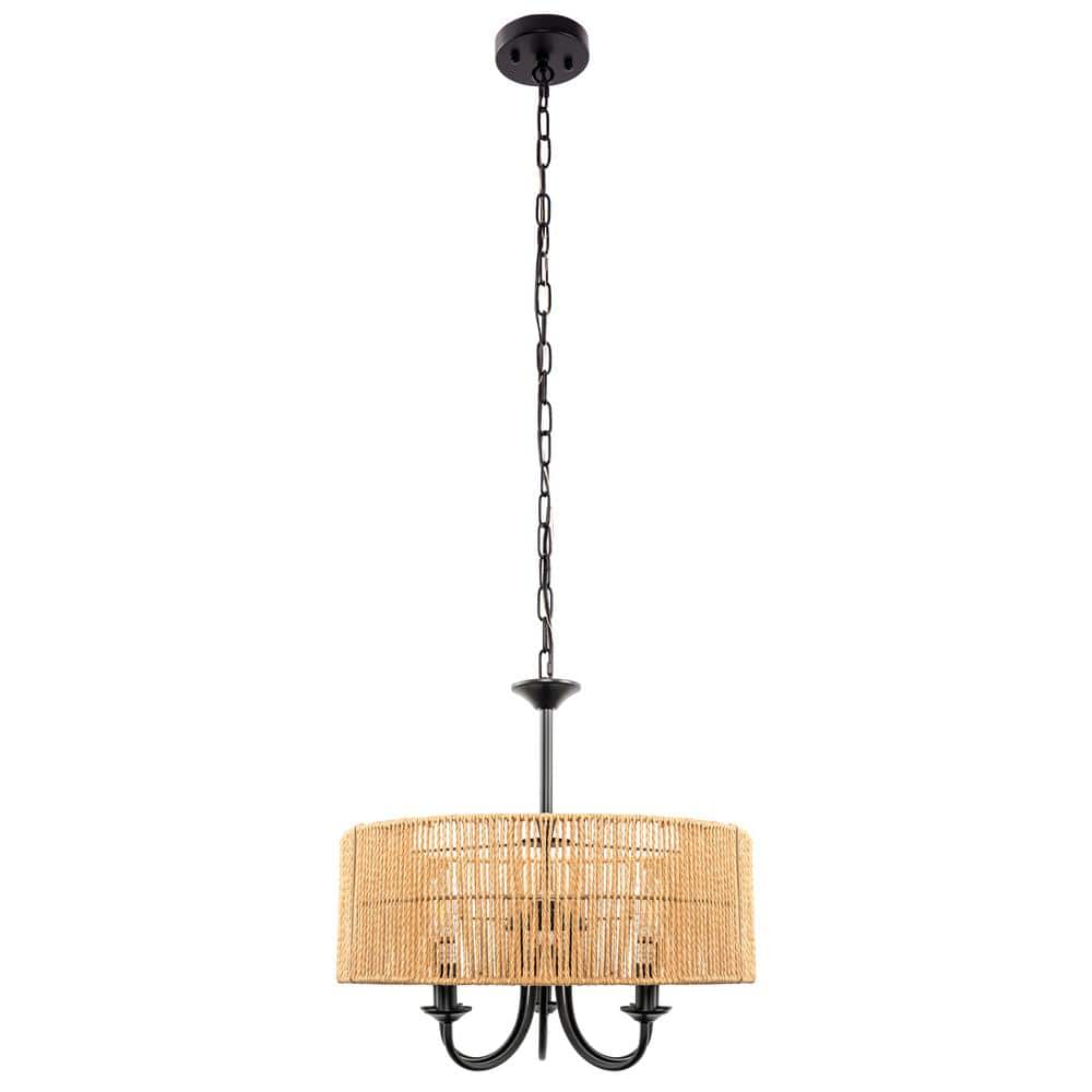 YANSUN 5-Light Hand Woven Rattan Pendant Light, Boho Large