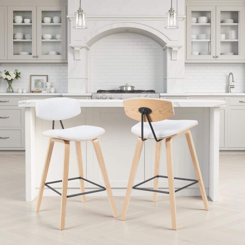 Fox 36 in. H White / Oak Curved Back Wood Bar Stool with Polyester Fabric Seat Set of 2 price history on PriceWatchPro