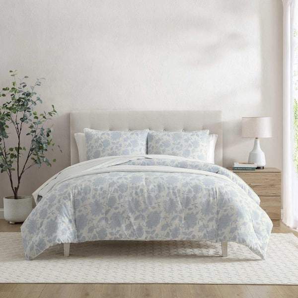 Elmwood 3-Piece Blue Cotton Slub Full/Queen Comforter Set