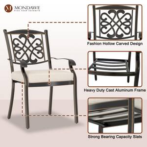 7-Piece Cast Aluminum Outdoor Dining Set Rectangle Table Flower-Shaped Backrest Swivel & Dining Chair with Beige Cushion
