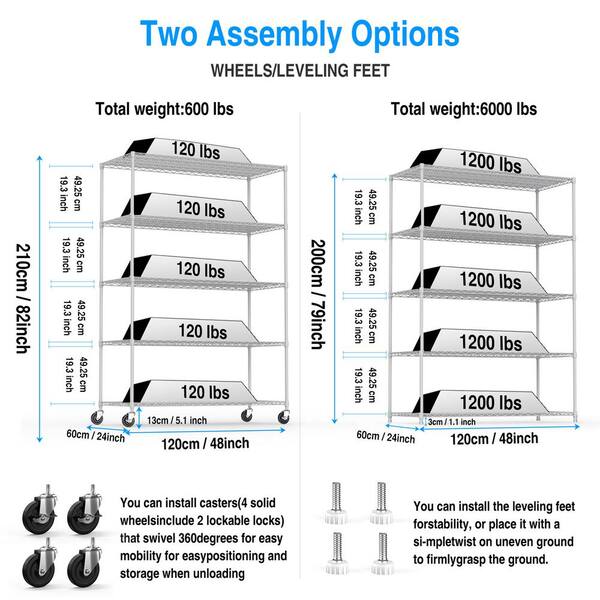 FUNKOL 7-Layer Metal White Kitchen Organizers Storage Rack with Wheels, Adjustable Height, Suitable for Kitchen, Living Room