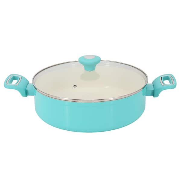 MARTHA STEWART EVERYDAY Rexford 5 qt. Ceramic Nonstick Aluminum Everyday Pan with Lid in Teal