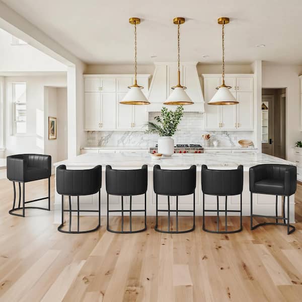 Siska 26 in.Modern Black Faux Leather Upholstered Counter Stool with Black Metal Frame Barrel Counter Bar Stool Set of 6