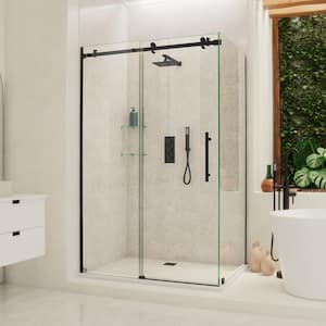 Enigma Air 48.38 in. W x 76 in. H Rectangular Sliding Frameless Corner Shower Enclosure in Matte Black with Clear Glass