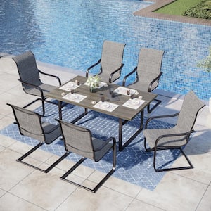 Black 7-Piece Metal Outdoor Patio Dining Set with U Shaped Rectangle Table and C-Spring Textilene Chairs