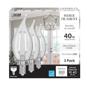 40W Equivalent BA10 E12 Candelabra Dim White Filament Clear Glass Chandelier LED Light Bulb True White 3500K (3-Pack)