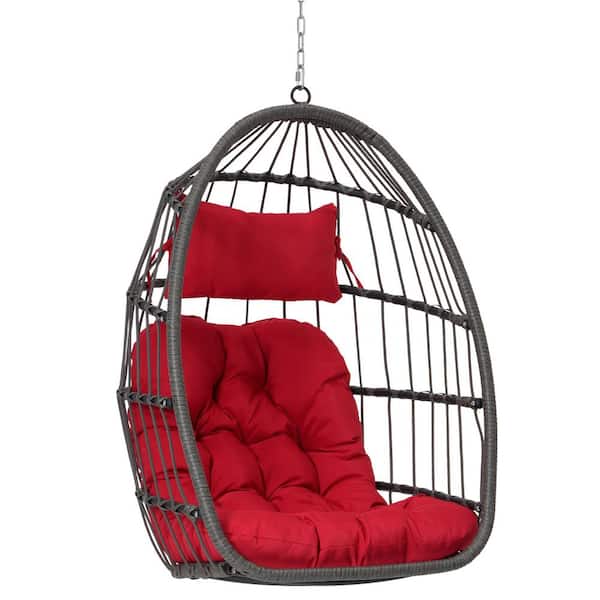 AFAIF Outdoor Garden Rattan Egg Swing Chair Hanging Chair Wood Red With Cushion